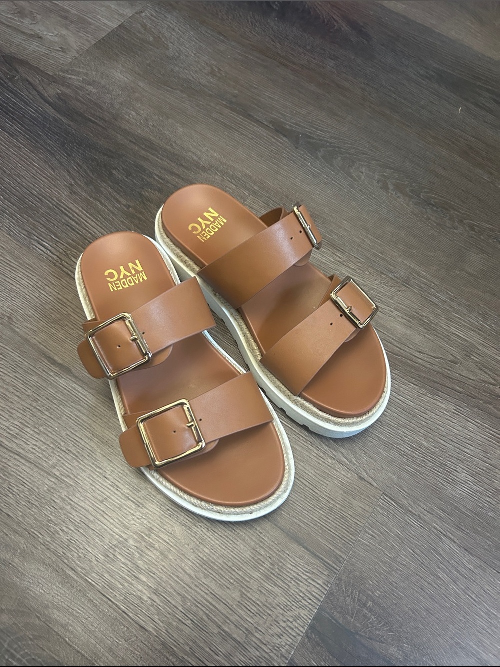 Madden NYC Women's Tan Double-Buckle Slide Sandals